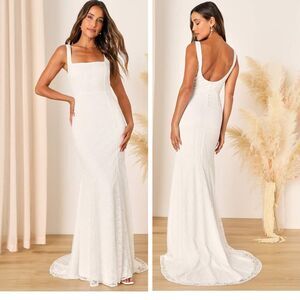 Lulus Eternal Happiness White Lace Square Neck Mermaid Maxi Dress Medium Bridal